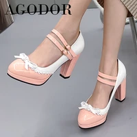 agodor mary jane shoes women platform super high heels bow patent leather pumps buckle thick heel ladies footwear pink size 48