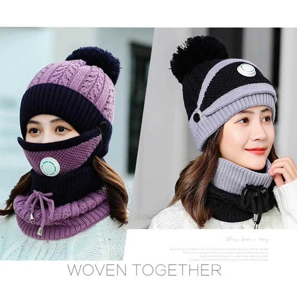 

3 Pcs/set Winter Hats For Women With Breathing Mask Hat Winter Fur Add Warm Girl 2in1 Lined Hat Protective Hat Knitted Pomp I9B2