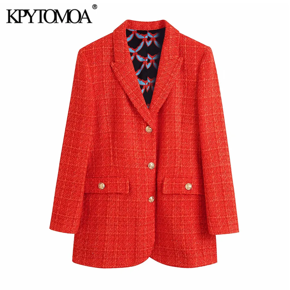 

KPYTOMOA Women 2021 Fashion With Print Lining Fitted Tweed Blazer Coat Vintage Long Sleeve Pockets Female Outerwear Chic Veste