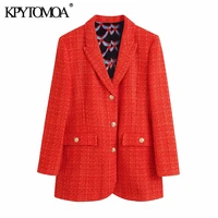 kpytomoa women 2021 fashion with print lining fitted tweed blazer coat vintage long sleeve pockets female outerwear chic veste