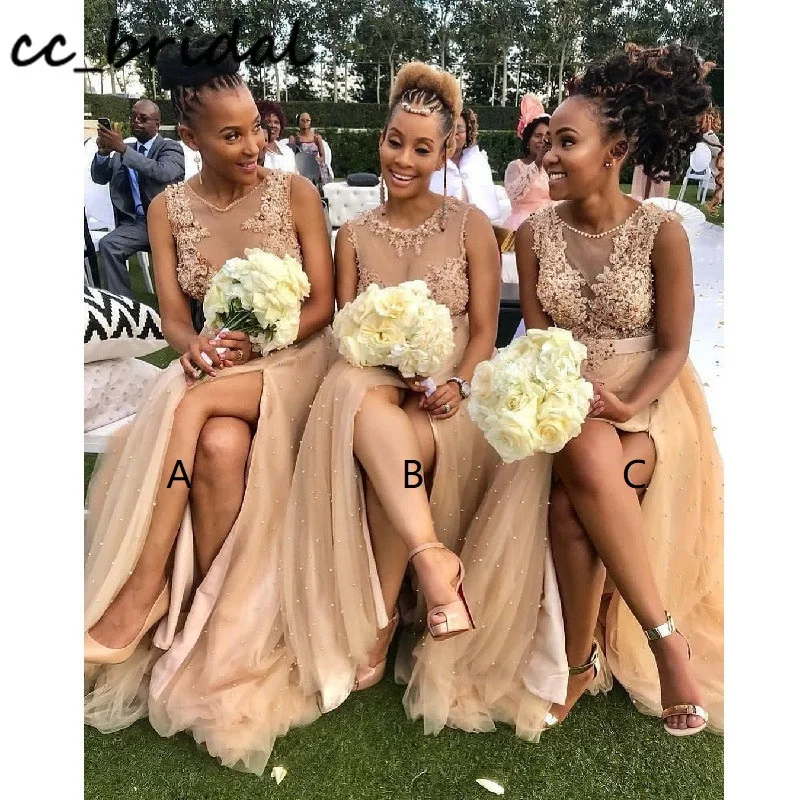 

Champagne Tull Bridesmaid Dresses 2020 Elegant Appliques Lace Wedding Party Dress For Women Pearls Long Vestido de festa