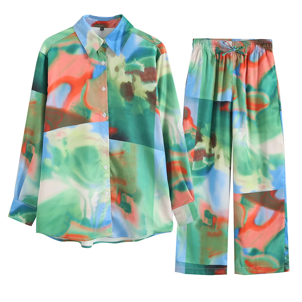 

2021 summer new fashion temperament texture landscape color printing Lapel button long sleeve loose shirts blouse