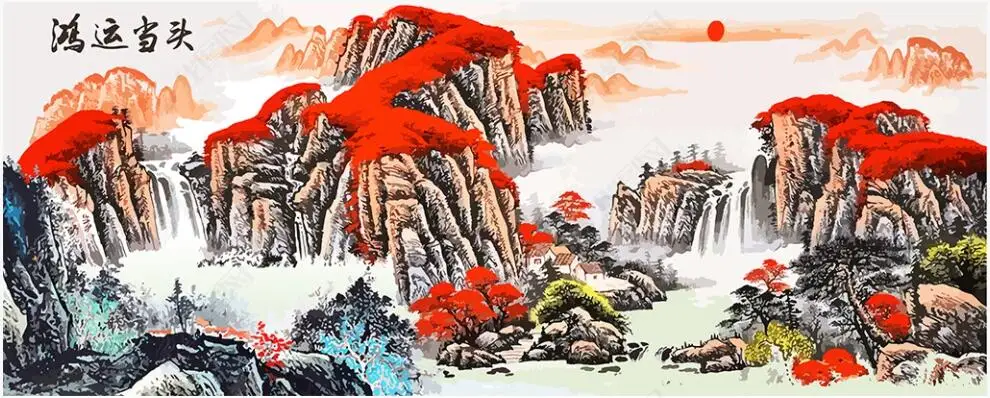 

3d обои в китайском стиле с красными чернилами на заказ, живопись гор, ландшафт, домашний декор, настенные 3d фрески, обои для стен 3 d