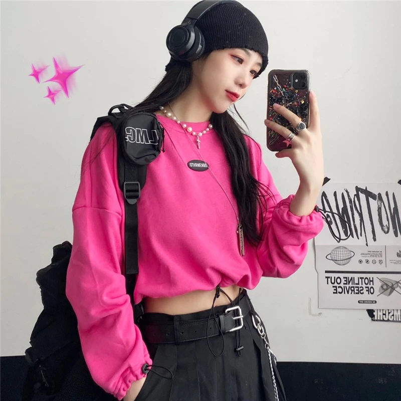 

White Crop Top Women's Clothing Spring Autumn New Korean Ins Loose Casual T-shirts Hipster O-neck Long Sleeve Tees Streetwear