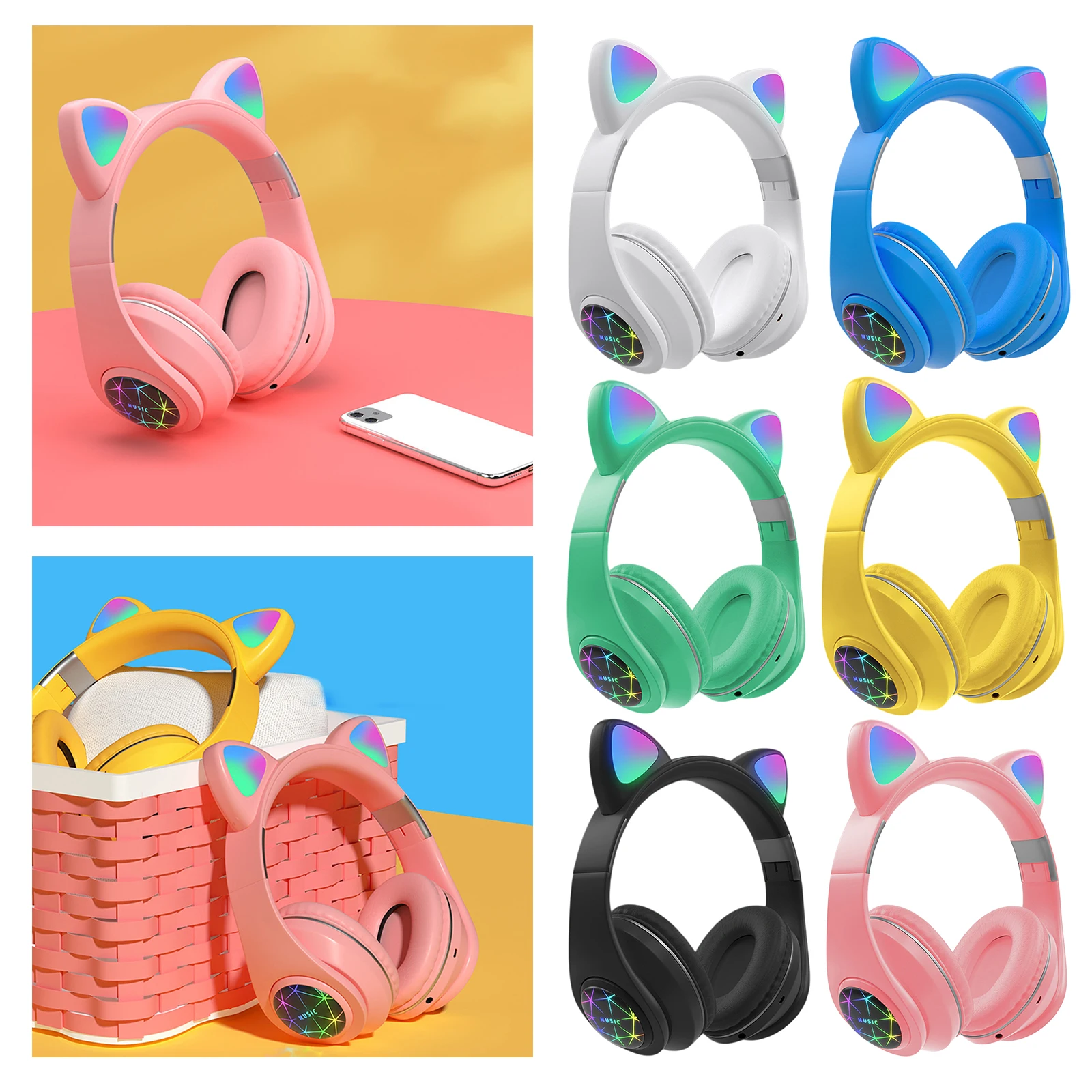 

Стерео игровая гарнитура кошка наушников w/микрофон для PS4 PS5 один ПК мобильный телефон 3,5 мм звуком Съемная кошачьими ушками наушники легкие