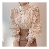 petal sleeve stand collar hollow out flower lace patchwork shirt femme blusas all match women blouse chic button white top
