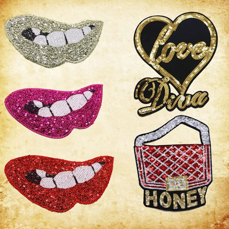

Love smile crown red lips kiss handbag Sequin patch clothes applique bow fabric women's dress jeans sticker