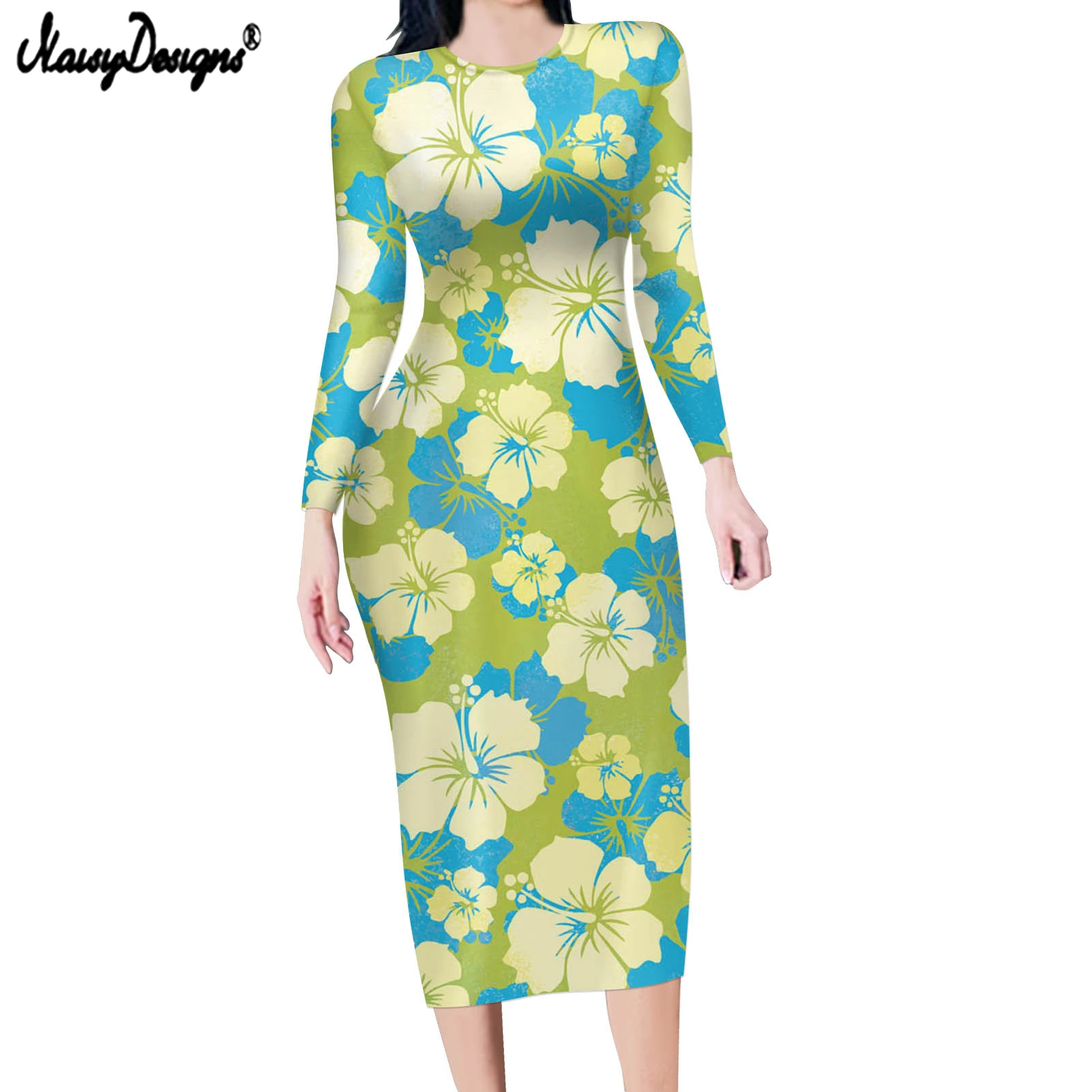 

Женское платье с длинным рукавом, круглым вырезом и цветочным принтом