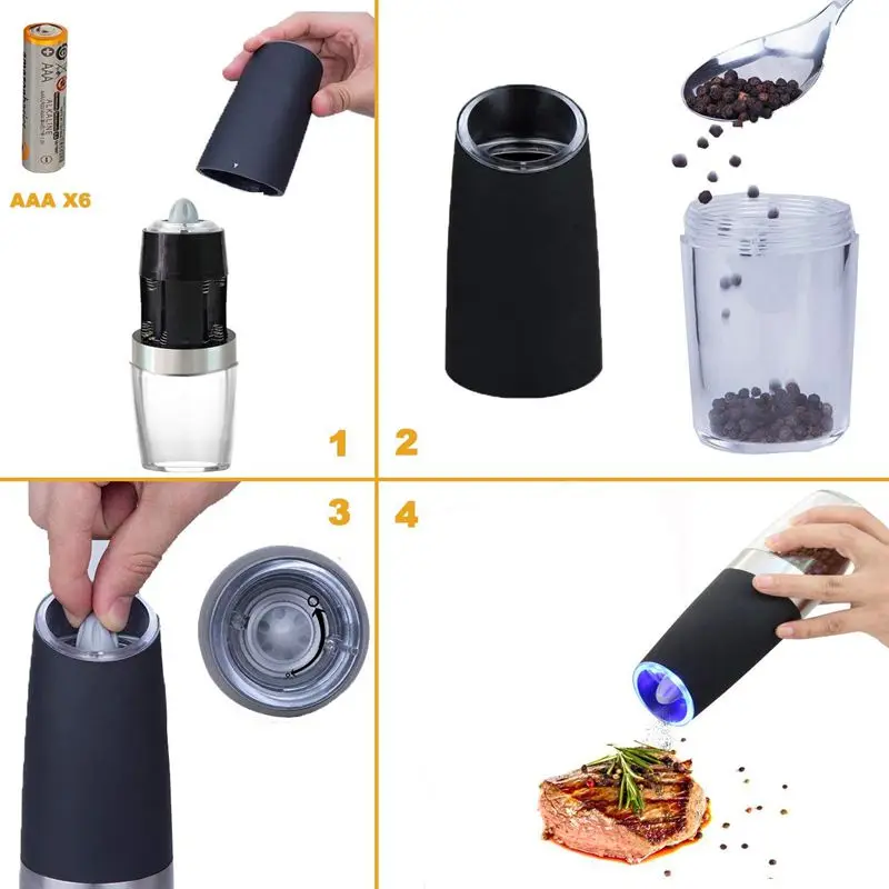 Premium Gravity Electric Salt and Pepper Grinder Set of 2 Battery Powered Shakers Automatic One Hand Mills with LED | Дом и сад