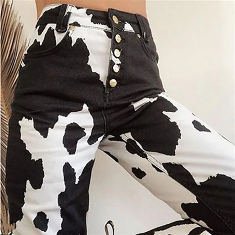 

Casual Street Contrast Color Jeans Women Loose Sweatpants Autumn Fashion Printed Trousers Design High Waist Pants Women