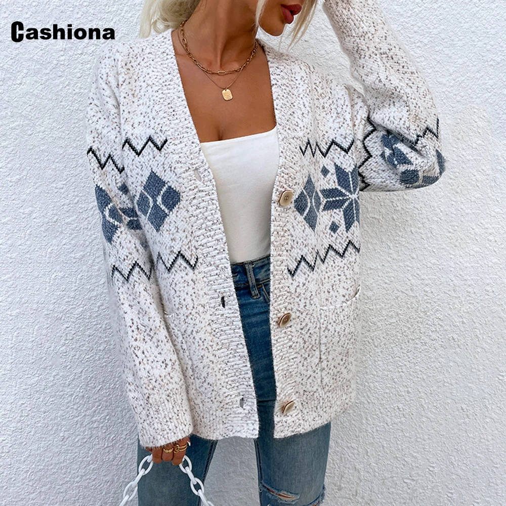 

Cashiona 2021 Autumn Women Knitting Sweaters Model Flower Print Tops Streetwear Ladies Stand Pocket Sweater Long Cardigans femme