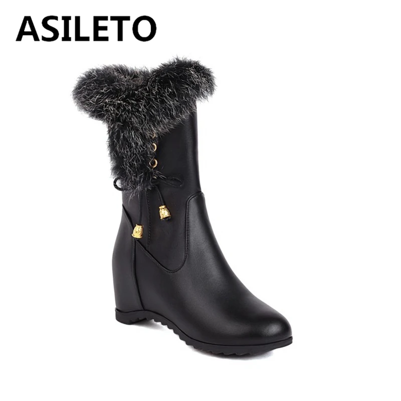 

ASILETO размера плюс 33-43 женские сапоги плюшевые зимние теплые меховые сексуальные модные ПУ до середины икры черно-белые увеличивающие рост ботинки F1298