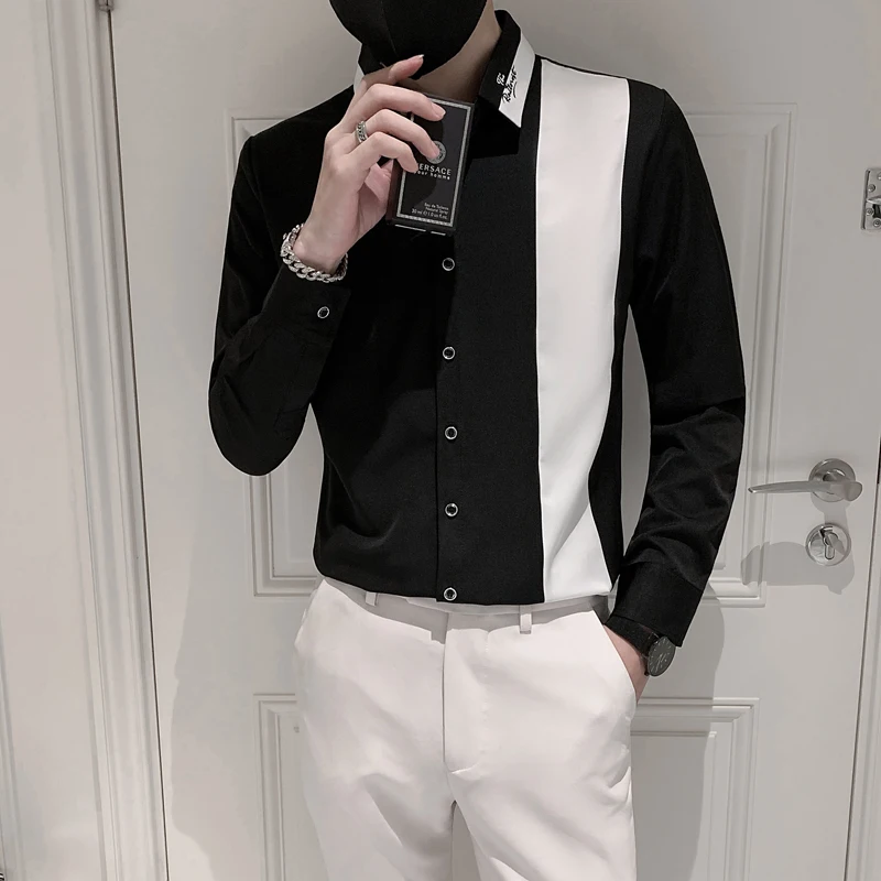 High Quality Splicing Men's Shirt Non-iron Slim Long Sleeve Casual Shirt Business Formal Dress Shirts Streetwear Social Blouse