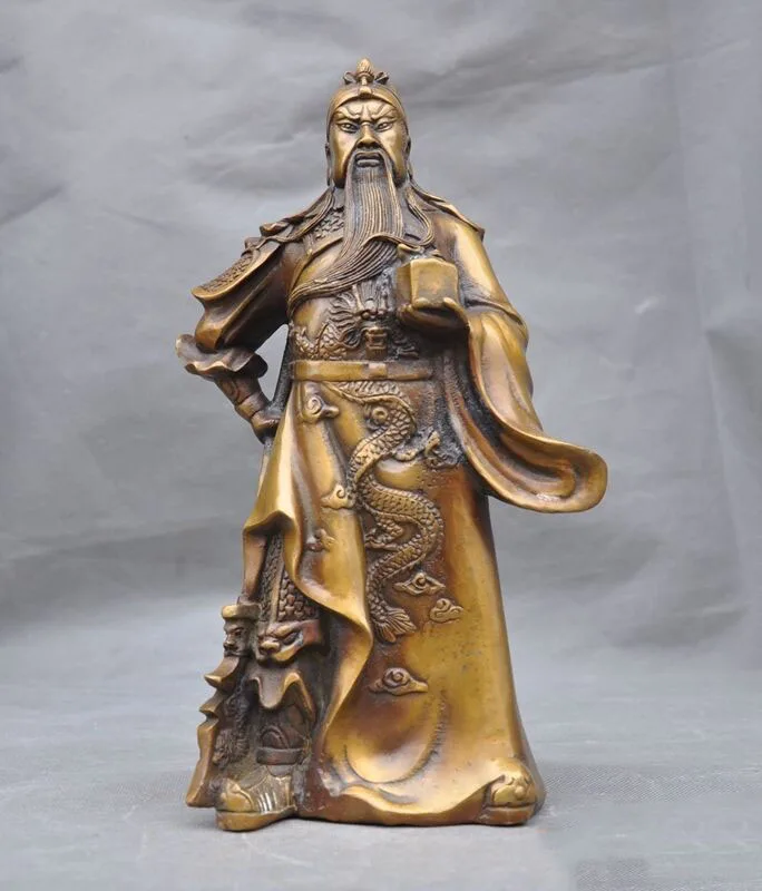 

wedding decoration 12"old Chinese Bronze Stand Guan Gong guan Yu Warrior God Dragon Guangong Statue