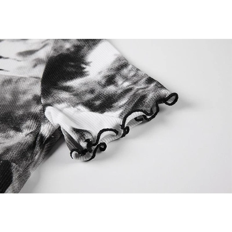 

2021 Tie Dye T Shirt Women Short Sleeve Retro Crewneck Ruffle Bodycon Tees Female Streetwear Fashion Harajuku Summer Skinny Tops