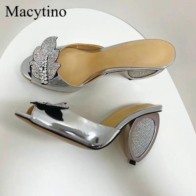 

Strange high heels summer new catwalk show rhinestone leaf fashion open toe high heel sandals girl party high heel slippers