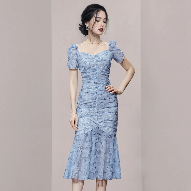 Женская одежда 2021 изящное шифоновое облегающее платье с пышными рукавами и