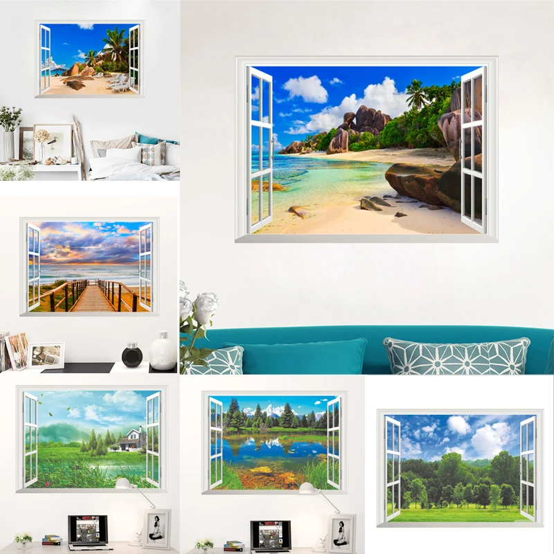 3d vivid window лес озеро пляж настенные наклейки для спальни гостиной декоративные