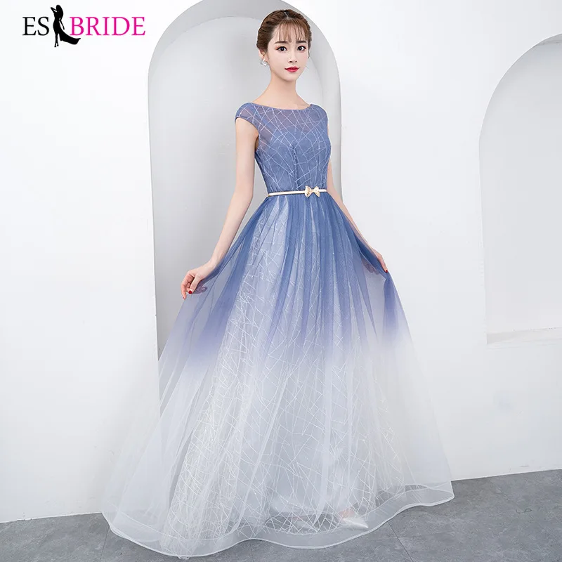 Формальные Вечерние платья ES2995 Элегантные Синие с круглым вырезом и короткими