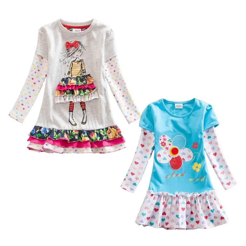 Детское Хлопковое платье с цветочным принтом длинным рукавом и круглым вырезом |