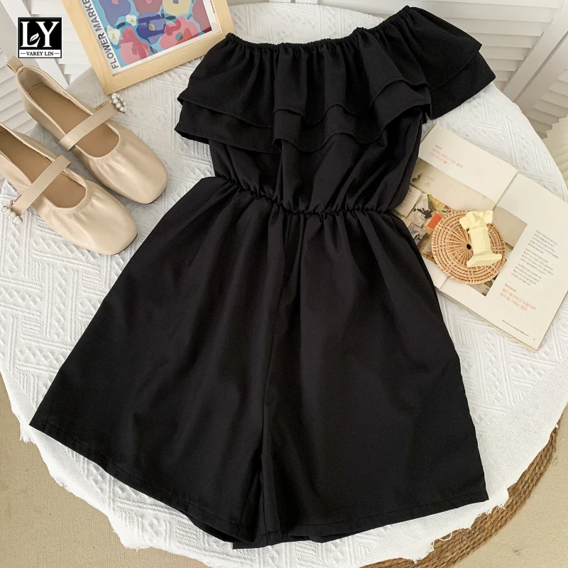 

LY VAREY LIN New Summer Women Fashion Solid Color High Waist Wide Leg Shorts Casual Oblique Shoulder Ruffles Shorts Jumpsuits