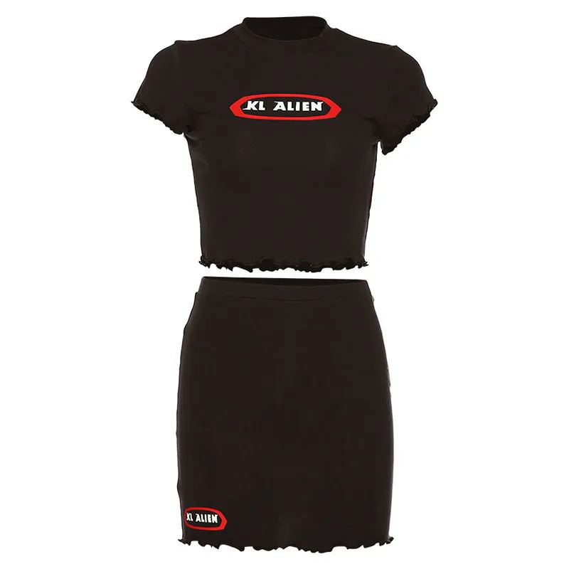 

Summer Black White Two Piece Set for Women Outfits Sexy Club Cropped Tee Mini Skirt Fall 2020 Women Clothing Runway Streetwear