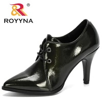 royyna 2020 new designers lace up women pumps pointed toe shoes high heel patent leather lady ankle boots office work footwear