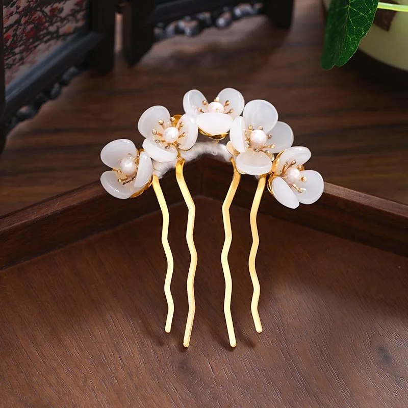 Handmade Vintage Faux Pearl U-Shaped Hair Sticks Hairpin Fresh Flower Women Wedding Hair Jewelry Accessories VL