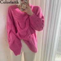 colorfaith new 2021 y2k autunm winter women sweaters v neck knitted oversized vintage elegant fashionable pullovers tops sw3585