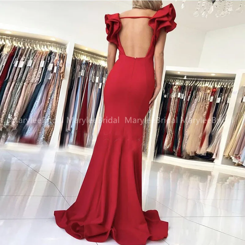 Вечерние платья с открытой спиной Красное Атласное Платье-Русалка оборками на