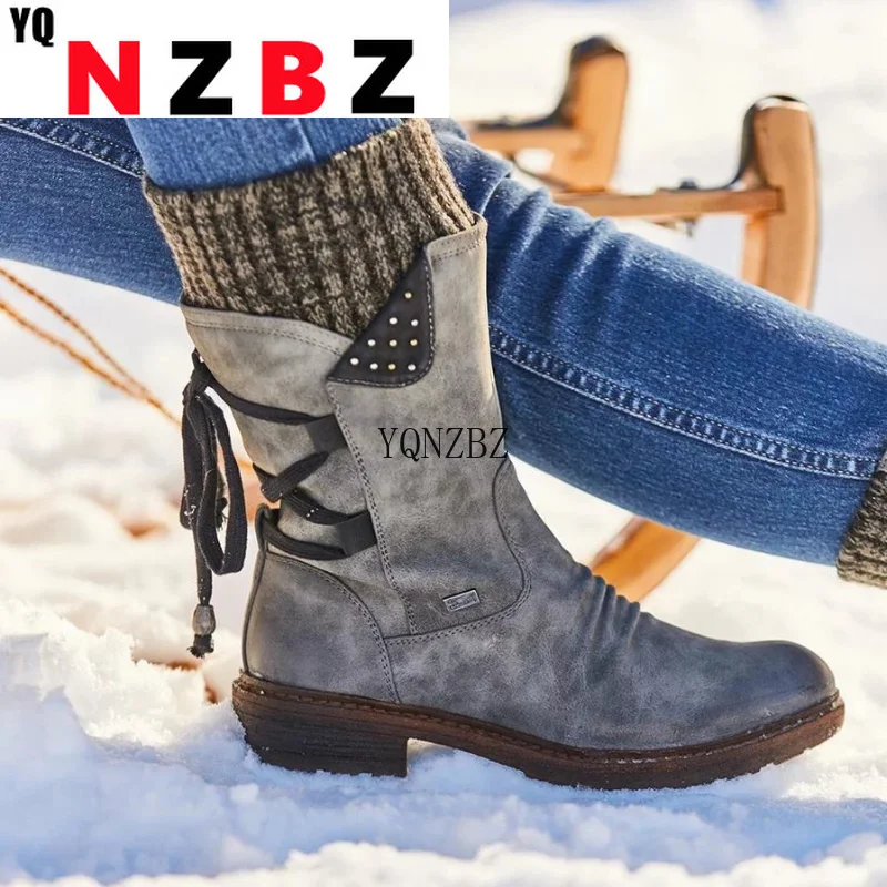 

High Top Boots Women Punk Boots Retro Leather Suede Booties Autumn Vintage Mid-carf Boot Winter Shoes Woman Lace Up Snow Boots