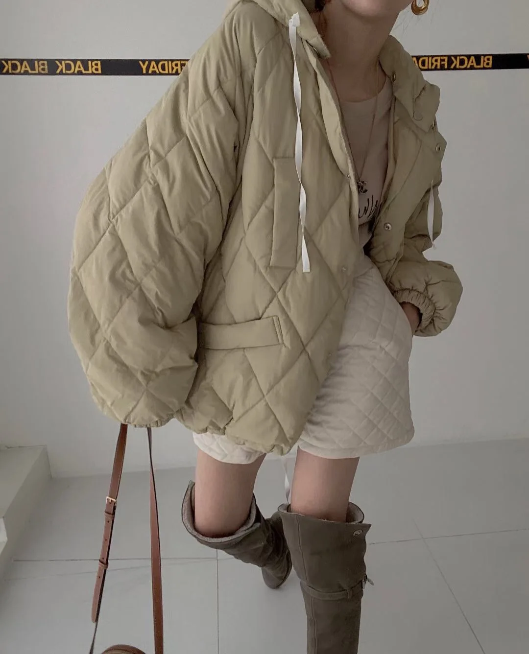 

SuperAen Solid All Match Rhombic Padded Bread Hat Detachable Warm Single Breasted Coat Winter Jacket Women