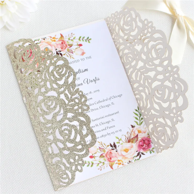 (10 pieces/lot) Luxury Glittery Silver Laser Cut Rose Wedding Invitation Card With Ribbon Birthday Quinceanera Cards IC055 | Дом и сад