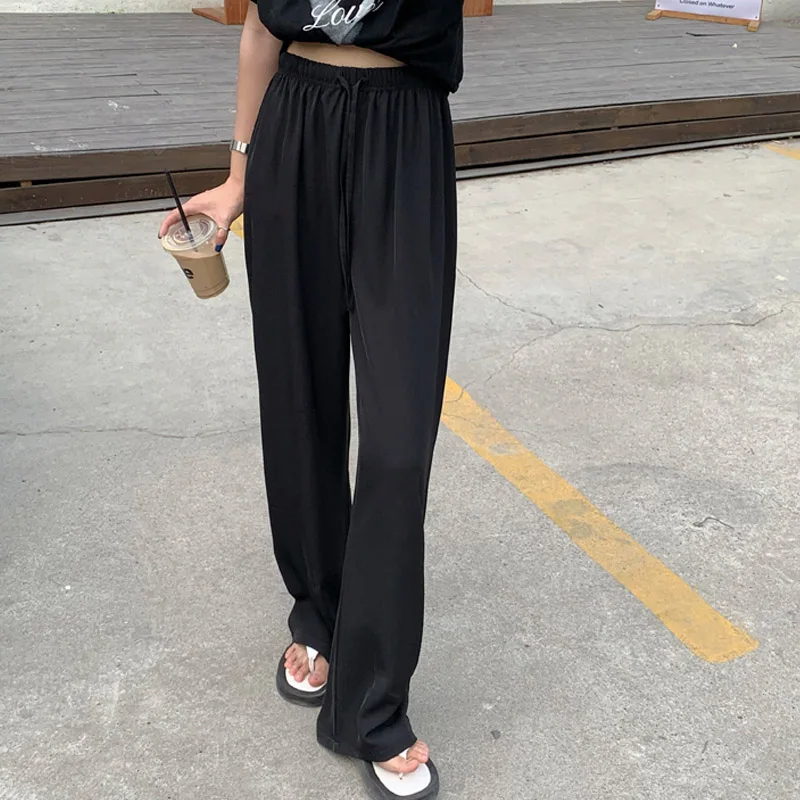 

Брюки женские мягкие шелковые трикотажные с широкими штанинами, Свободные повседневные Прямые Штаны до щиколотки с эластичным поясом и выс...