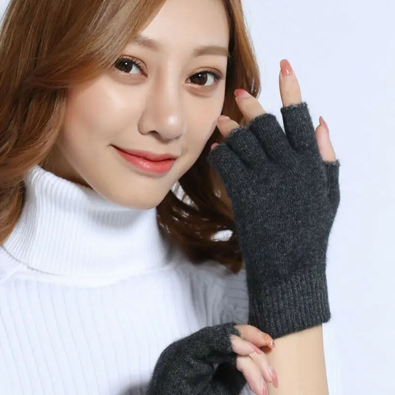 Новые модные женские мягкие перчатки с полупальцами зимние теплые вязаные
