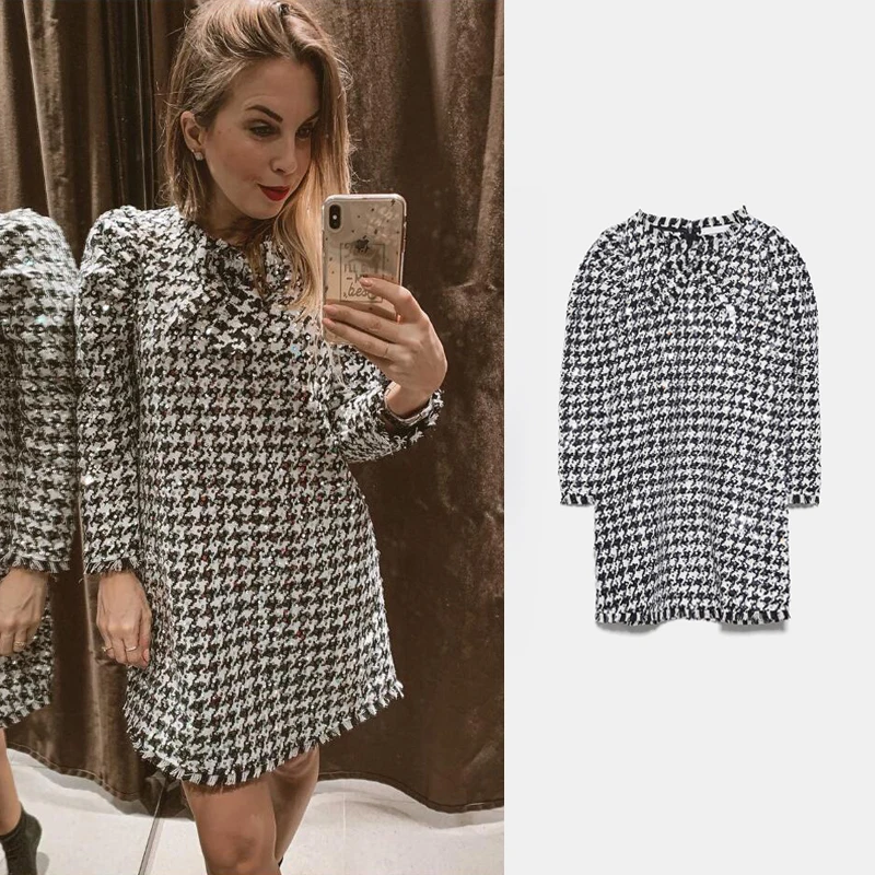 ZA женское платье с узором гусиная лапка модное клетчатое бантом длинным рукавом