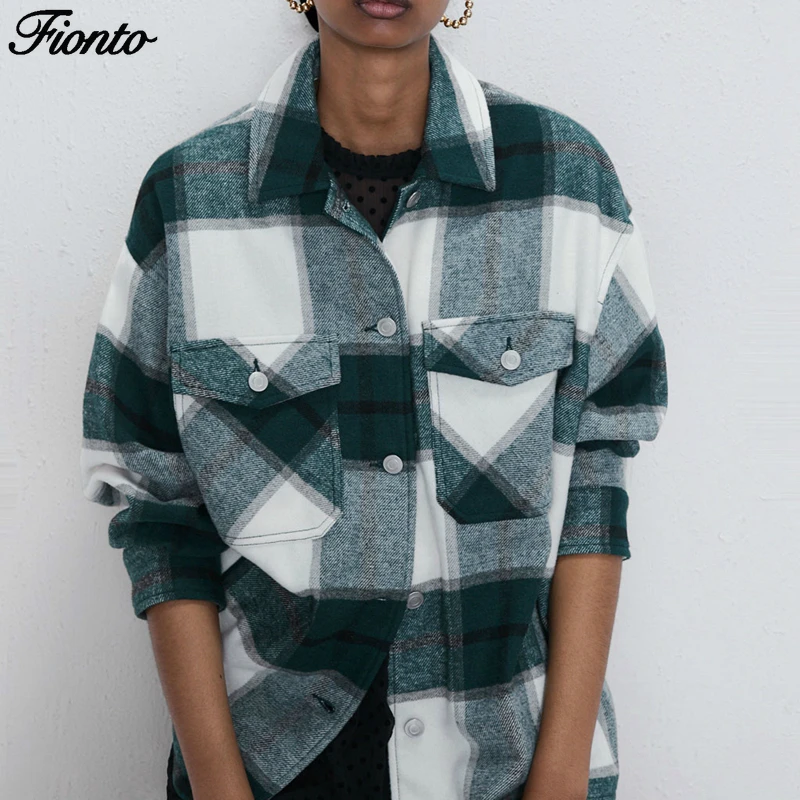 Женская клетчатая блузка FIONTO свободная винтажная с карманами воротником