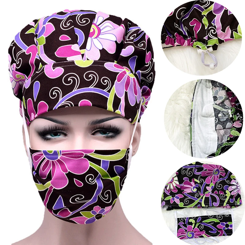 

Шапки скрабы, наборы для женщин, шапки с мультяшным цветочным принтом на повязке, хлопковые головные уборы, повседневные моющиеся головные ...