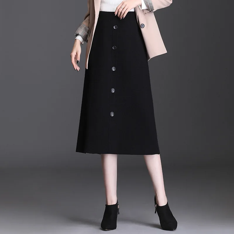 

Buttons Knitted A-line Skirt for Women Autumn Winter Fashion Elastic High Waist Loose Casual Mid-long Woman Black Skirts S830