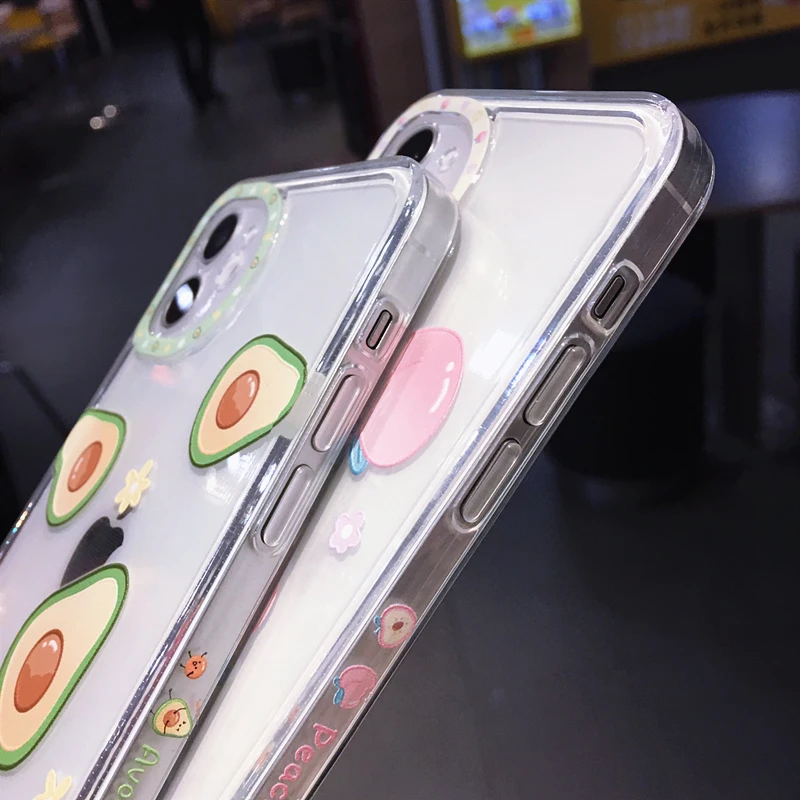 

Cute Cartoon Fruit Avocado Peach Clear lPhone Case For iPhone 11 Pro Max 12 Mini X XR 7 8 Plus Transparent Soft Shockproof Cover