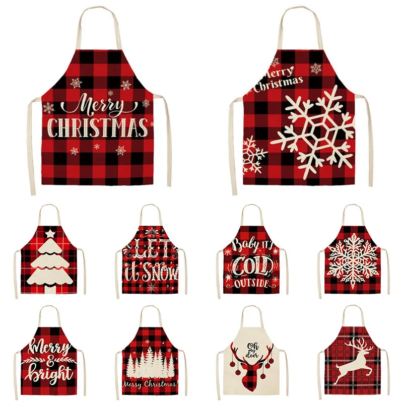 

Christmas Kitchen Women's Apron Letter Plaid Printed Linen Adult Children Sleeveless Apron Household Cleaning Tools