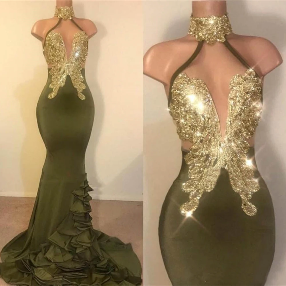 

Formal Dresses Sleeveless Zipper Wrap Elastic Satin Applique Sequins Evening Dress New High Neck Trumpet Mermaid Prom Party Gown