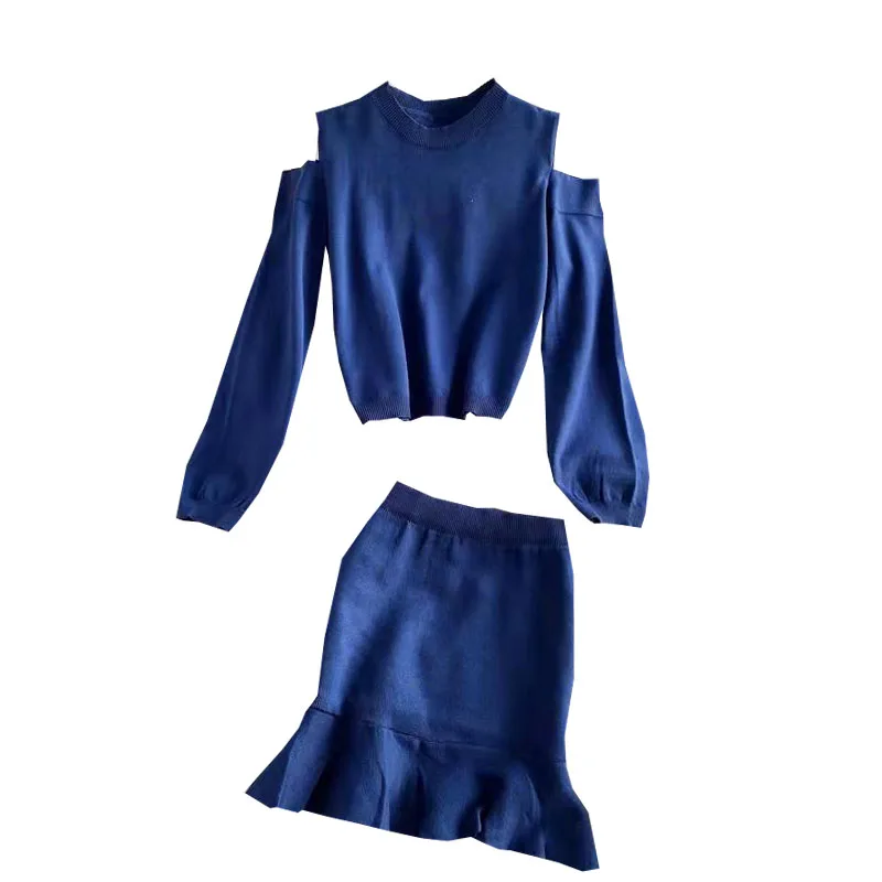 

Autumn Winter Fashion Suit Knitted Strapless Loose Sweater Top Two-piece High Waist Knitted Fishtail Bag Hip Skirt UK939