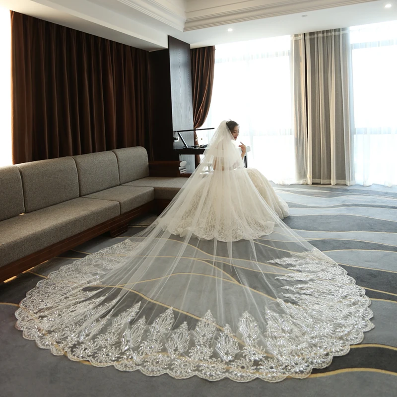 3 Meter White Ivory Cathedral Wedding Veils Long Sequins Lace Edge Veil With Comb Accessories Bride Veu | Свадьбы и торжества