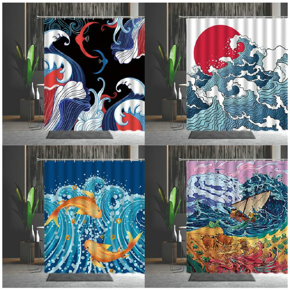 Занавеска для ванны в японском стиле с изображением ландшафта волнистая стая