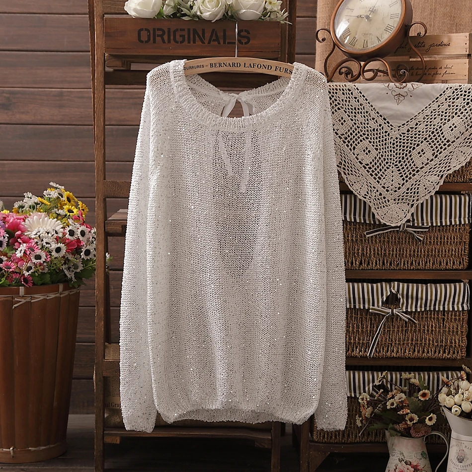 Женский вязаный свитер с блестками Свободный пуловер большого размера длинными