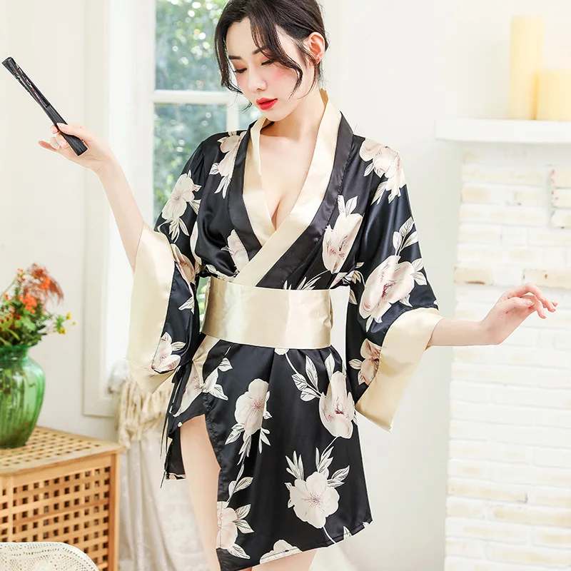 

Japanese Kimono Sexy Cosplay Outfit For Women Traditional Style Robe Yukata Costumes Pajamas Soft Silk Belt 3pcs Set Black Red