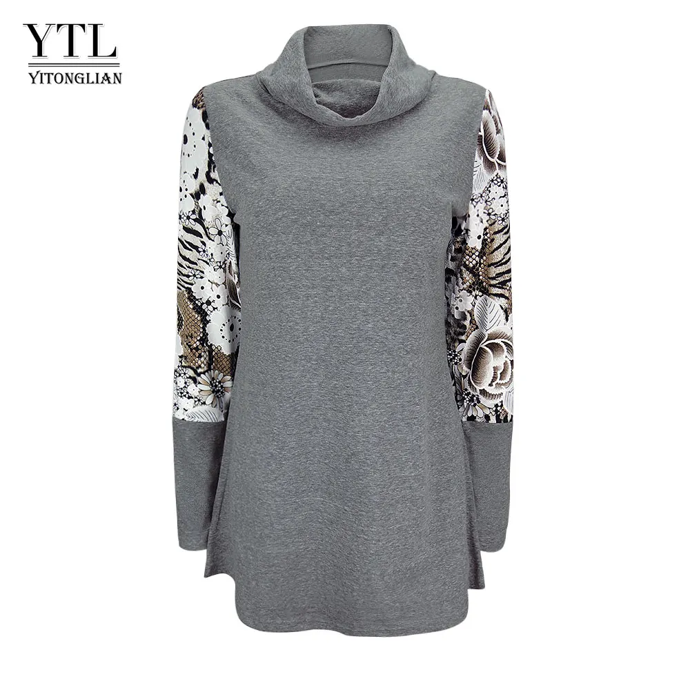 Grey YTL Женские топы с длинным рукавом, водолазки, пуловер для девушек, для осени и зимы, с принтом, пэчворк, свободная многослойная туника, топ, футболка, H258 - Цвет: Grey