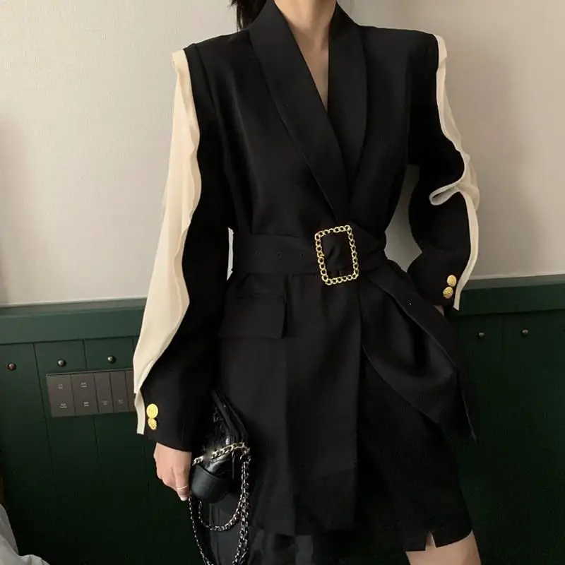 2019 Women Metal Gold Buckle With Belt Blazer Notched Fashion Split Black Hit Color Blazers Coat Ladies Office Loose Jacket | Женская