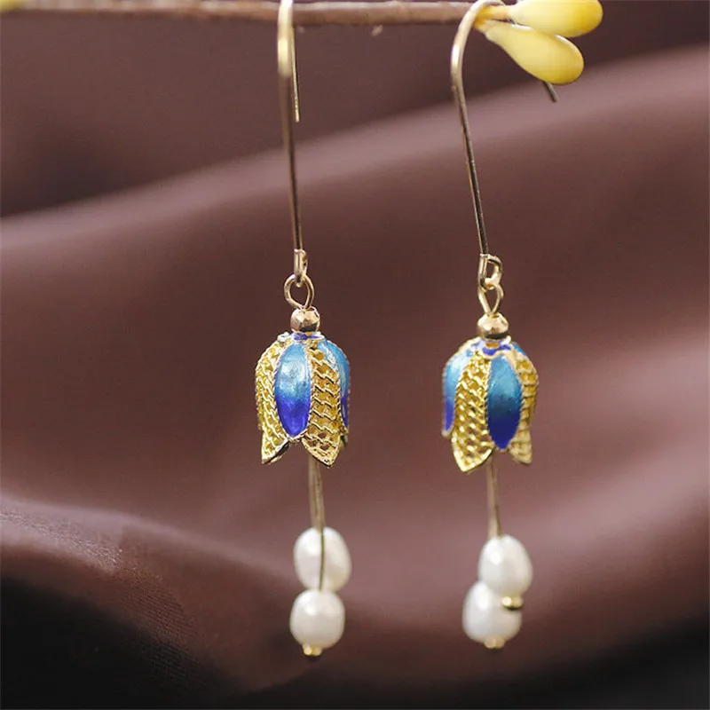 

Cloisonne New Ethnic Statement Plant Drop Earrings For Women Wedding Gift Natural Freshwater Pearl Vintage Hook Earrings Fashion